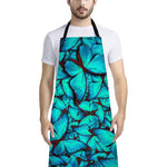 Turquoise Butterfly Pattern Print Bib Apron With Pocket