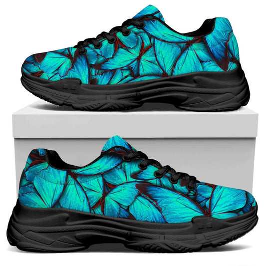 Turquoise Butterfly Pattern Print Black Chunky Shoes