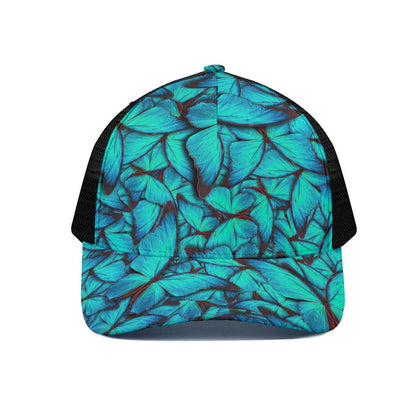 Turquoise Butterfly Pattern Print Black Mesh Trucker Cap