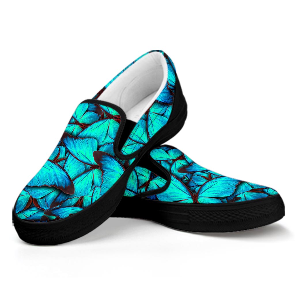 Turquoise Butterfly Pattern Print Black Slip On Sneakers