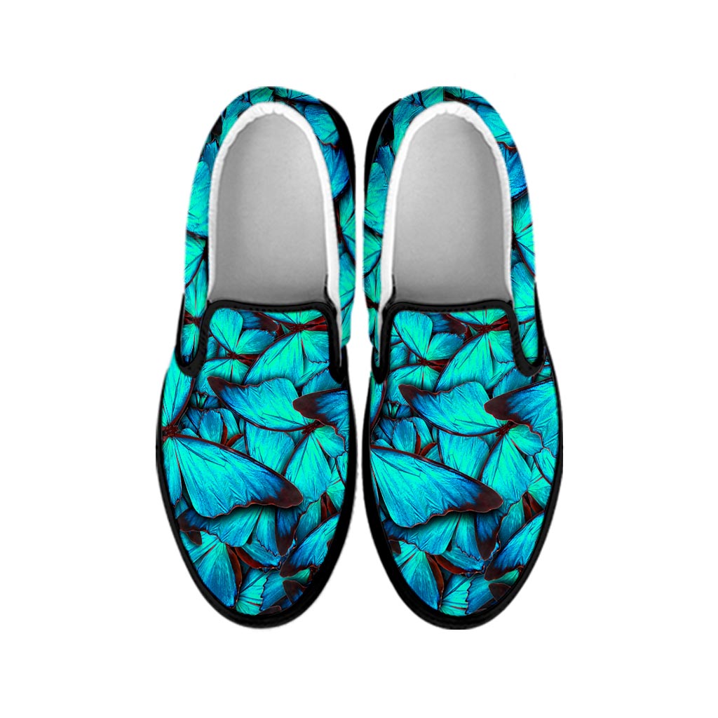 Turquoise Butterfly Pattern Print Black Slip On Sneakers