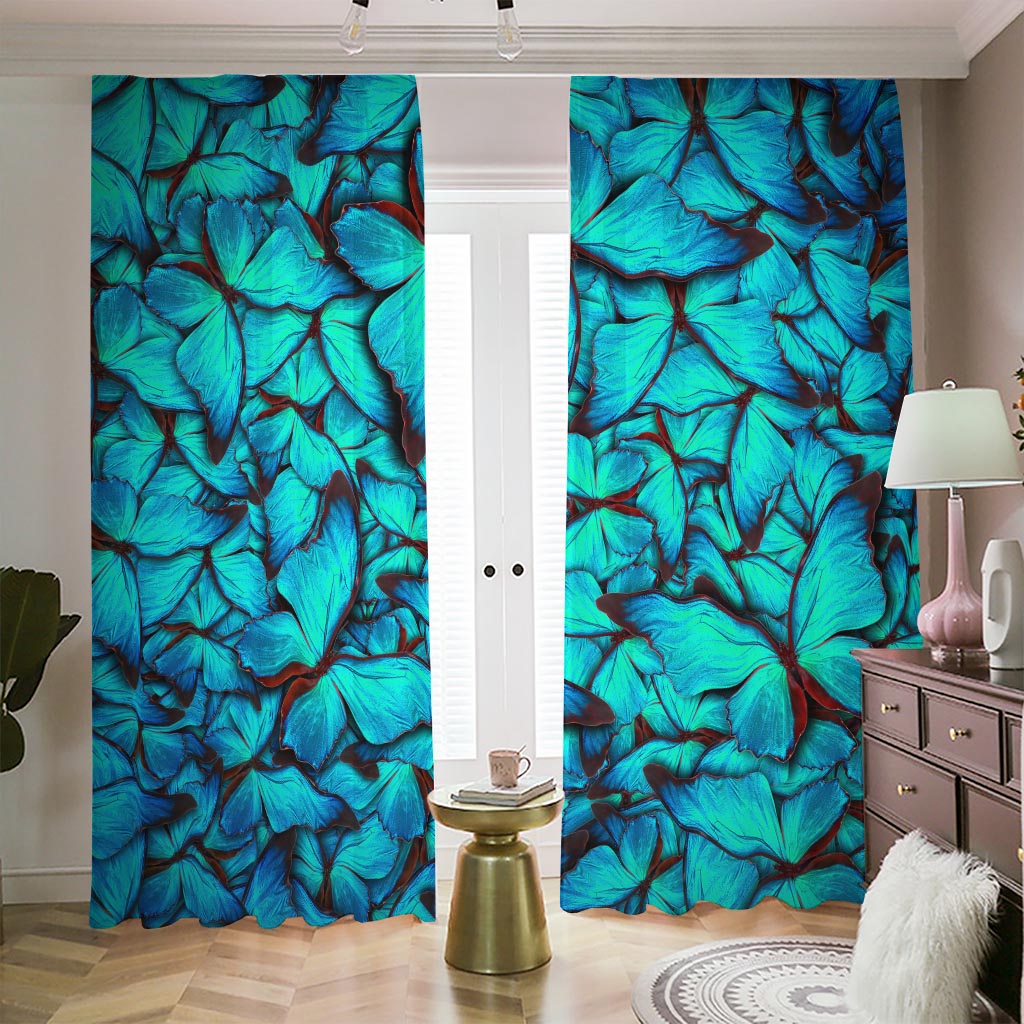 Turquoise Butterfly Pattern Print Blackout Pencil Pleat Curtains