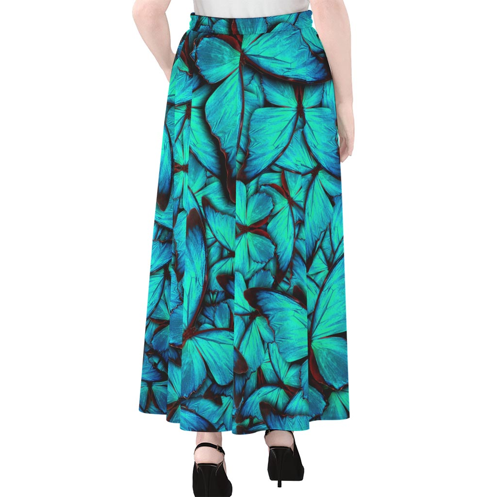 Turquoise Butterfly Pattern Print Chiffon Maxi Skirt