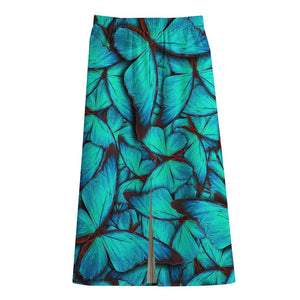 Turquoise Butterfly Pattern Print Cotton Front Slit Maxi Skirt