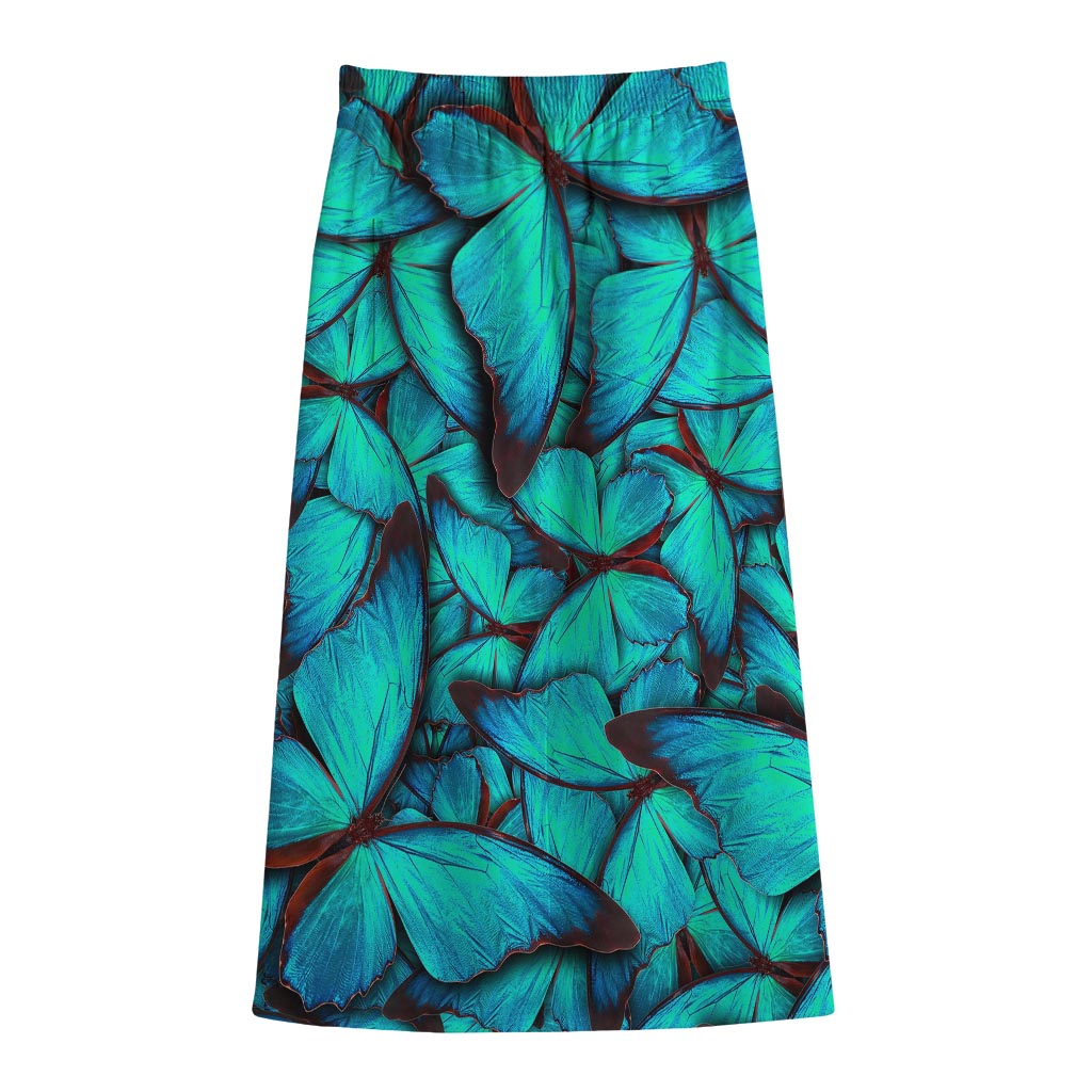 Turquoise Butterfly Pattern Print Cotton Front Slit Maxi Skirt