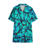 Turquoise Butterfly Pattern Print Cotton Hawaiian Shirt
