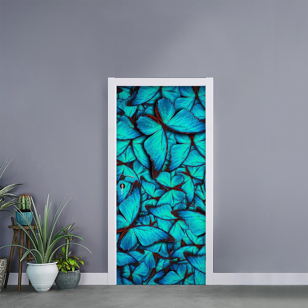 Turquoise Butterfly Pattern Print Door Sticker