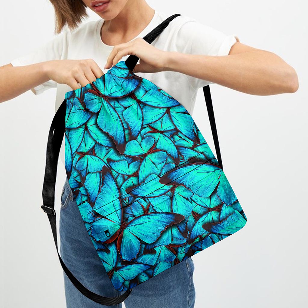 Turquoise Butterfly Pattern Print Drawstring Backpack