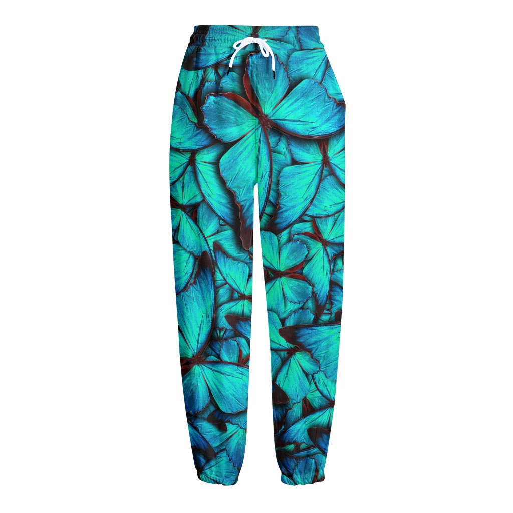 Turquoise Butterfly Pattern Print Fleece Lined Knit Pants