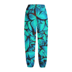 Turquoise Butterfly Pattern Print Fleece Lined Knit Pants