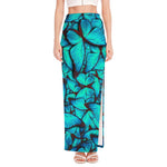 Turquoise Butterfly Pattern Print High Slit Maxi Skirt