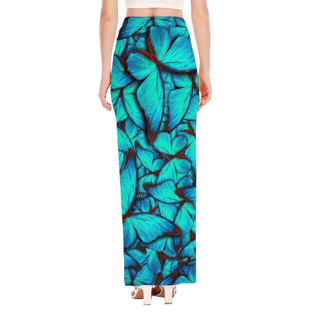 Turquoise Butterfly Pattern Print High Slit Maxi Skirt