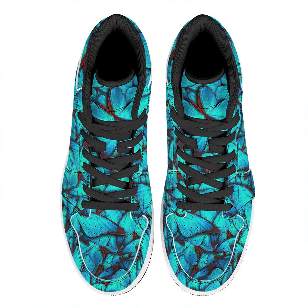Turquoise Butterfly Pattern Print High Top Leather Sneakers