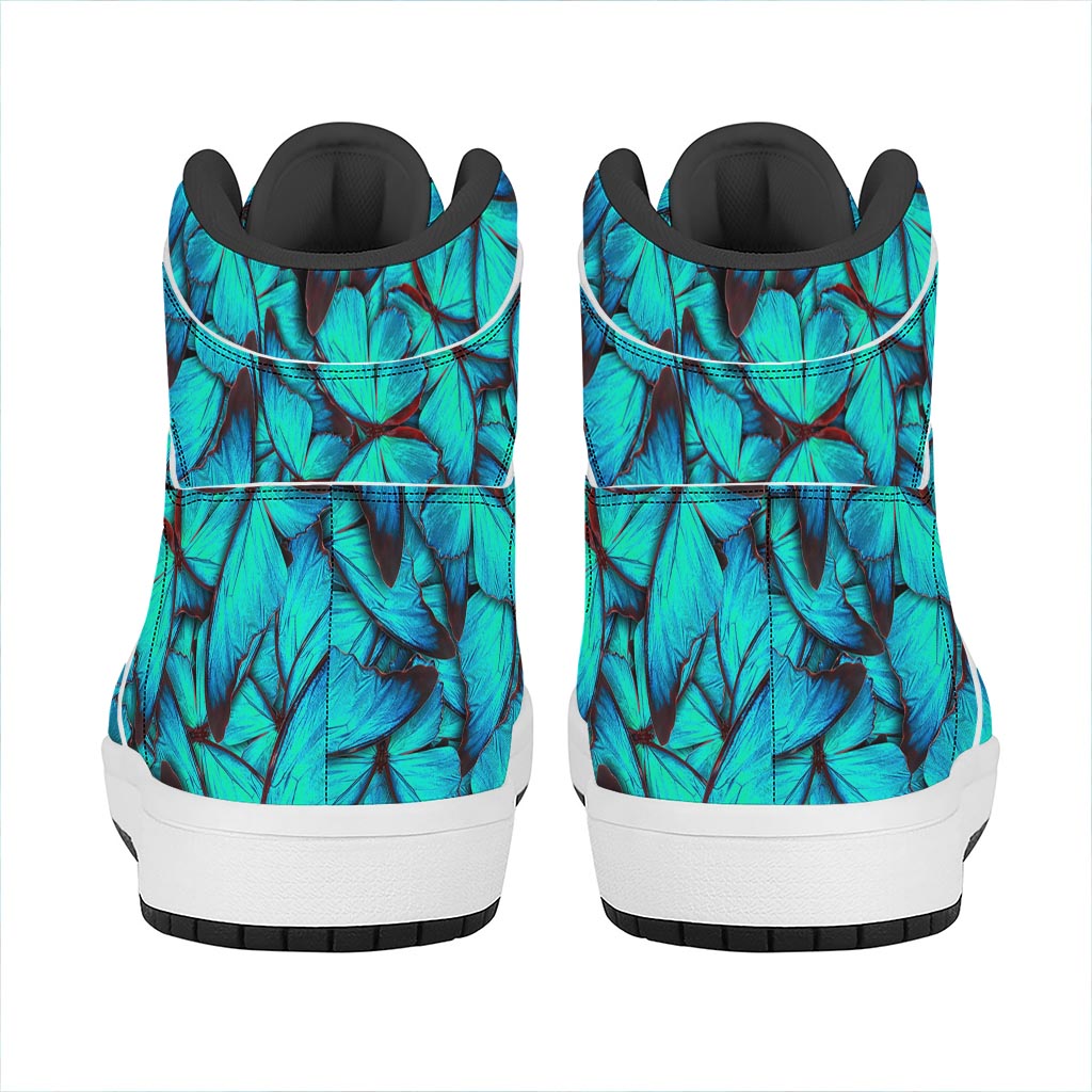 Turquoise Butterfly Pattern Print High Top Leather Sneakers