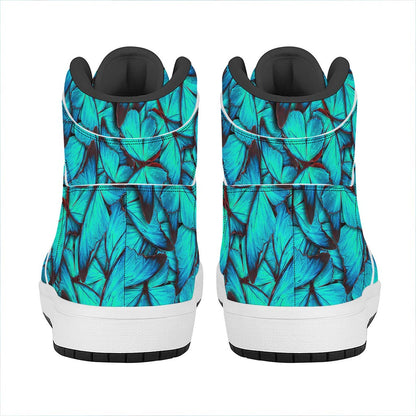 Turquoise Butterfly Pattern Print High Top Leather Sneakers