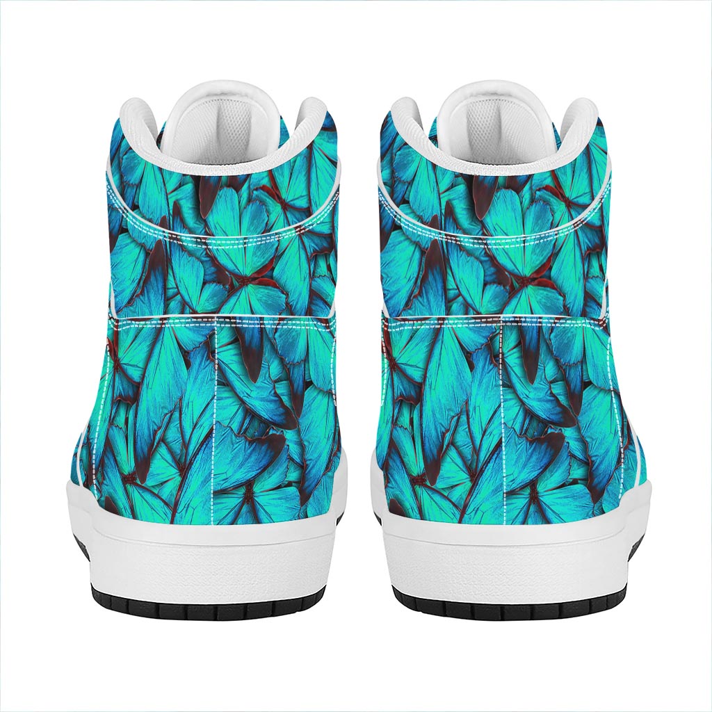 Turquoise Butterfly Pattern Print High Top Leather Sneakers