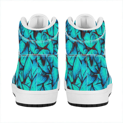 Turquoise Butterfly Pattern Print High Top Leather Sneakers