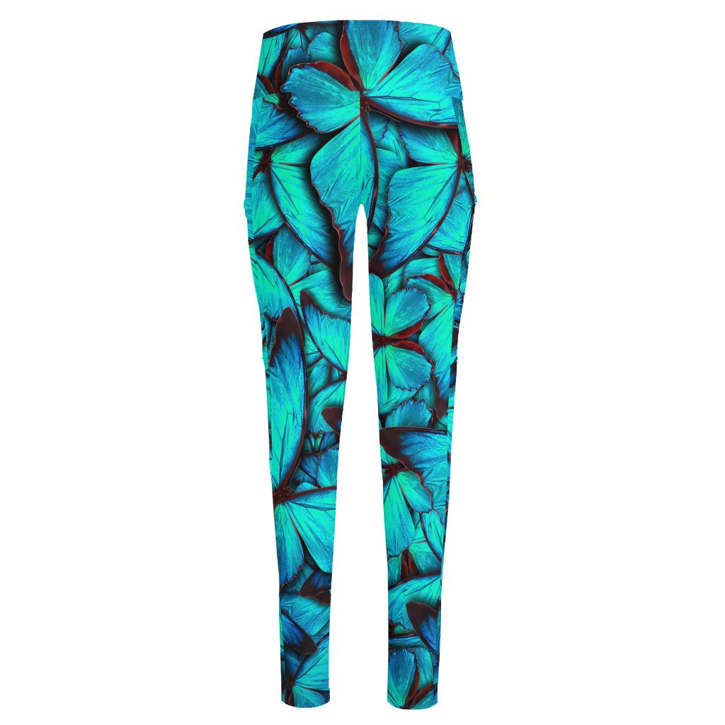 Turquoise Butterfly Pattern Print High-Waisted Pocket Leggings