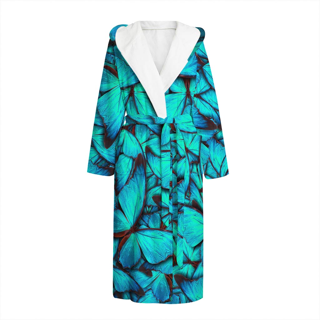 Turquoise Butterfly Pattern Print Hooded Bathrobe