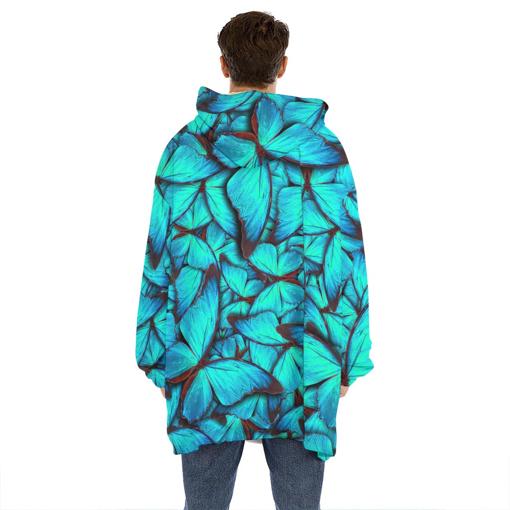 Turquoise Butterfly Pattern Print Hoodie Blanket