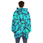 Turquoise Butterfly Pattern Print Hoodie Blanket