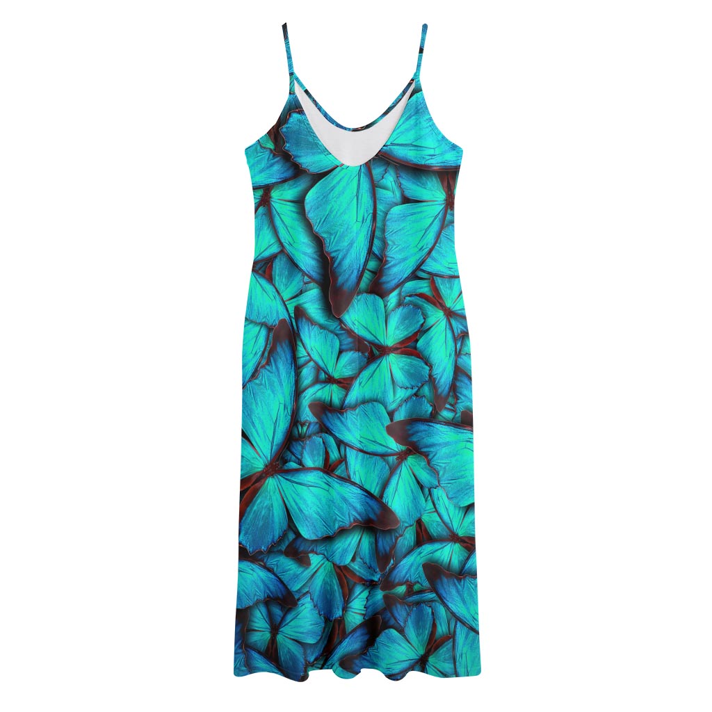 Turquoise Butterfly Pattern Print Jersey Midi Cami Dress