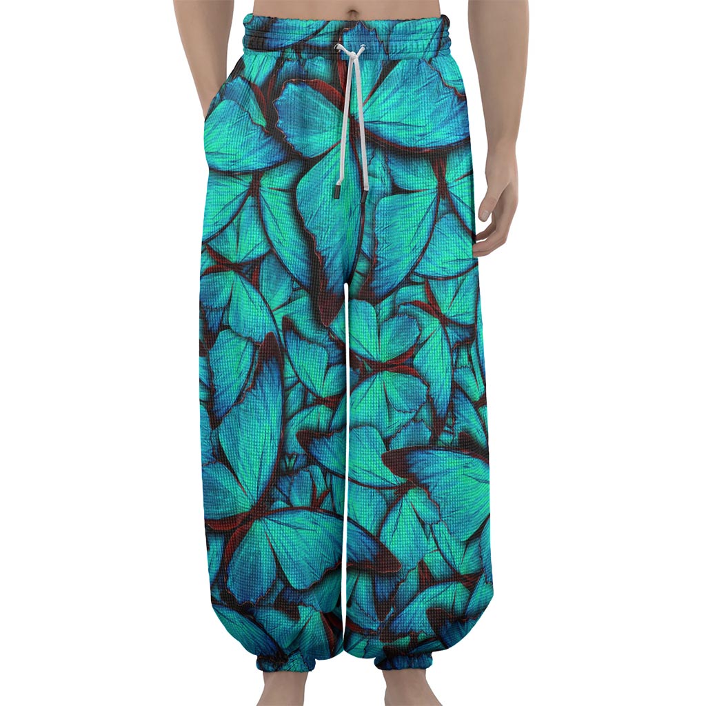 Turquoise Butterfly Pattern Print Lantern Pants