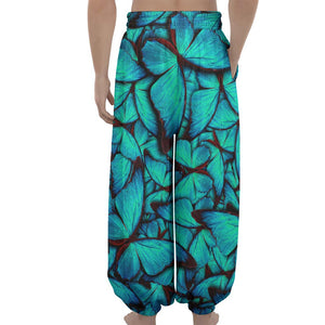 Turquoise Butterfly Pattern Print Lantern Pants