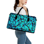 Turquoise Butterfly Pattern Print Leather Duffle Bag