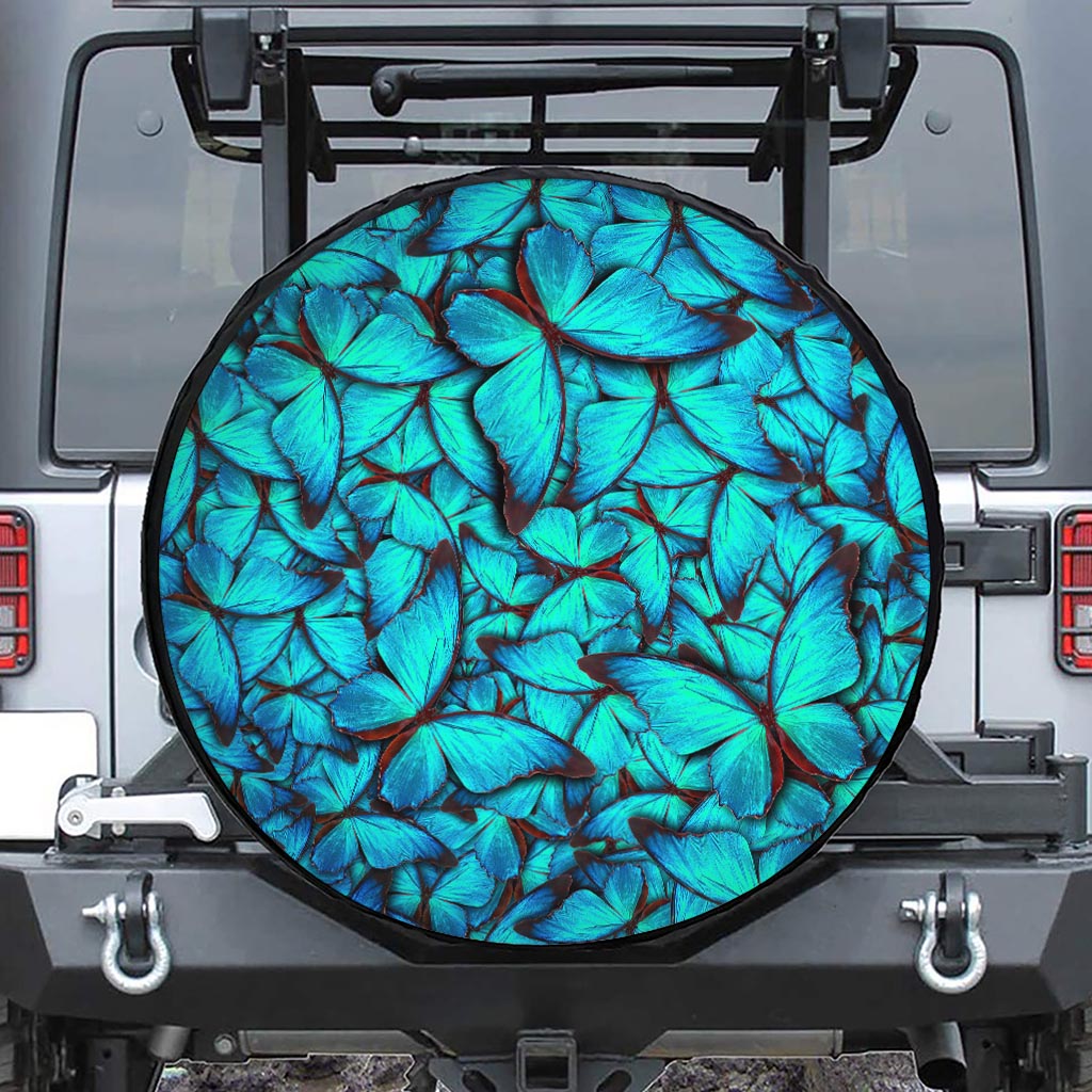 Turquoise Butterfly Pattern Print Leather Spare Tire Cover
