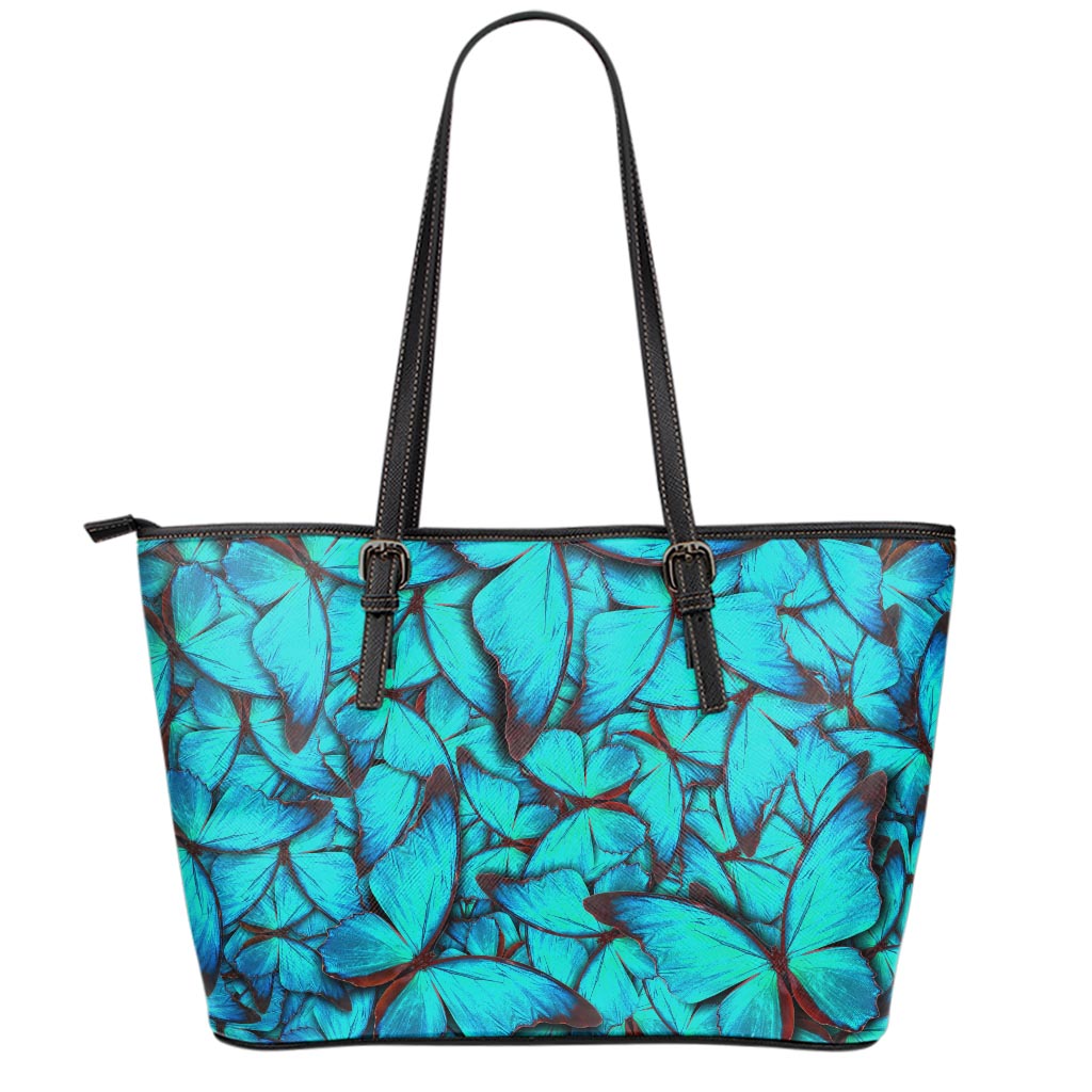 Turquoise Butterfly Pattern Print Leather Tote Bag