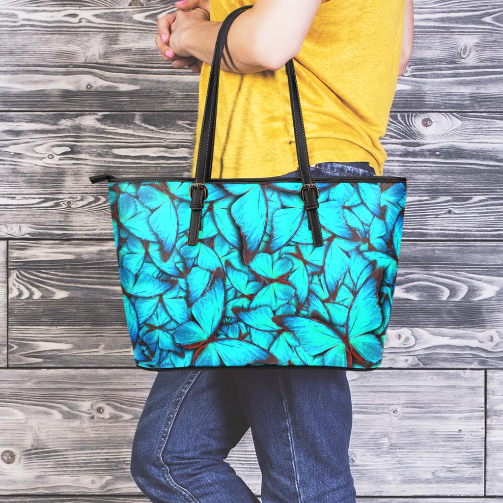 Turquoise Butterfly Pattern Print Leather Tote Bag