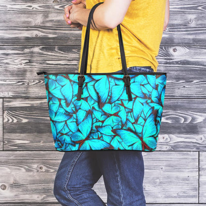Turquoise Butterfly Pattern Print Leather Tote Bag