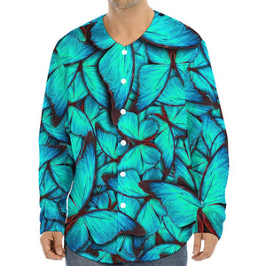 Turquoise Butterfly Pattern Print Long Sleeve Baseball Jersey