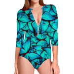 Turquoise Butterfly Pattern Print Long Sleeve Swimsuit