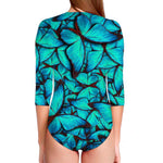 Turquoise Butterfly Pattern Print Long Sleeve Swimsuit