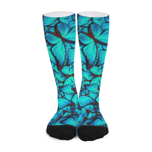 Turquoise Butterfly Pattern Print Long Socks