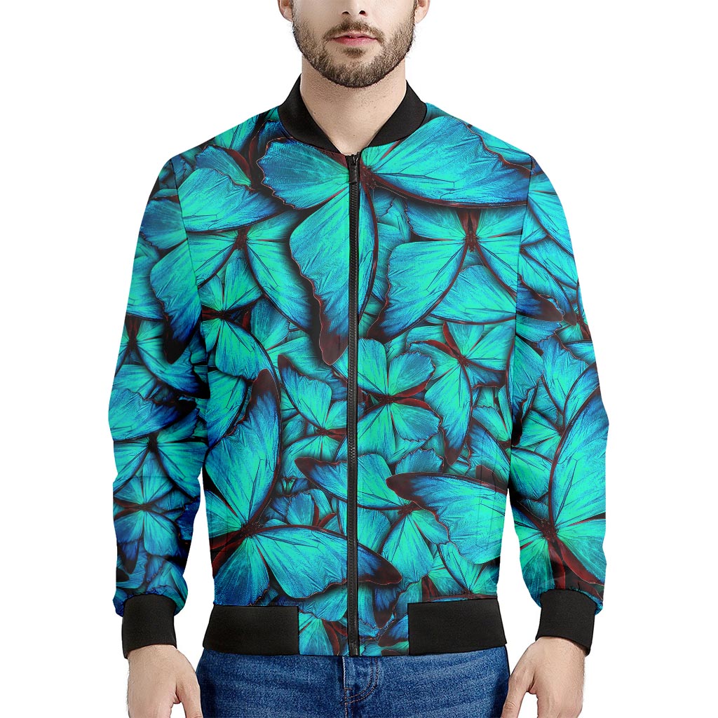 Turquoise Butterfly Pattern Print Men's Bomber Jacket