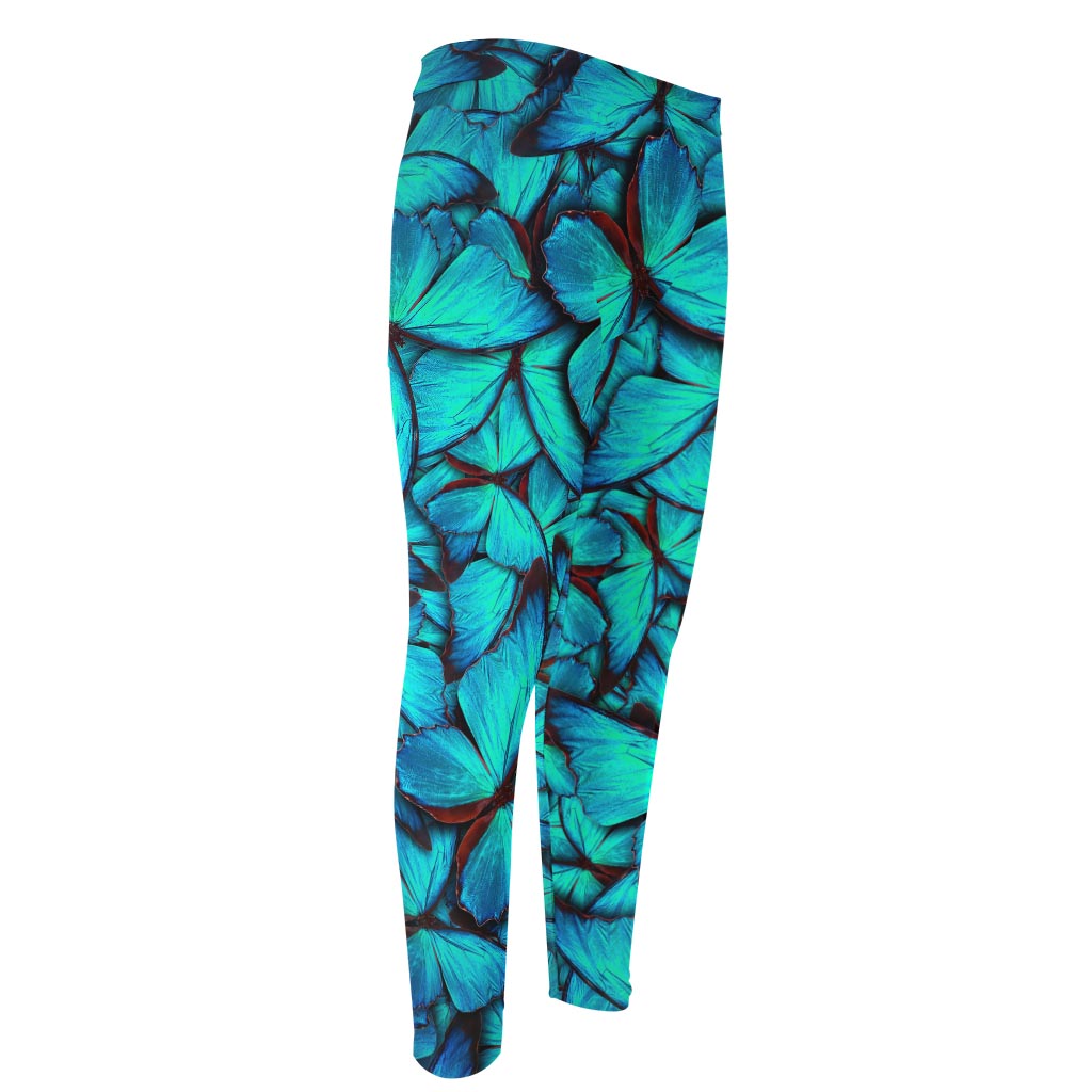 Turquoise Butterfly Pattern Print Men's Compression Pants