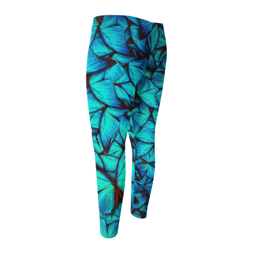 Turquoise Butterfly Pattern Print Men's Compression Pants