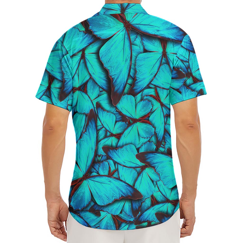 Turquoise Butterfly Pattern Print Men's Deep V-Neck Shirt