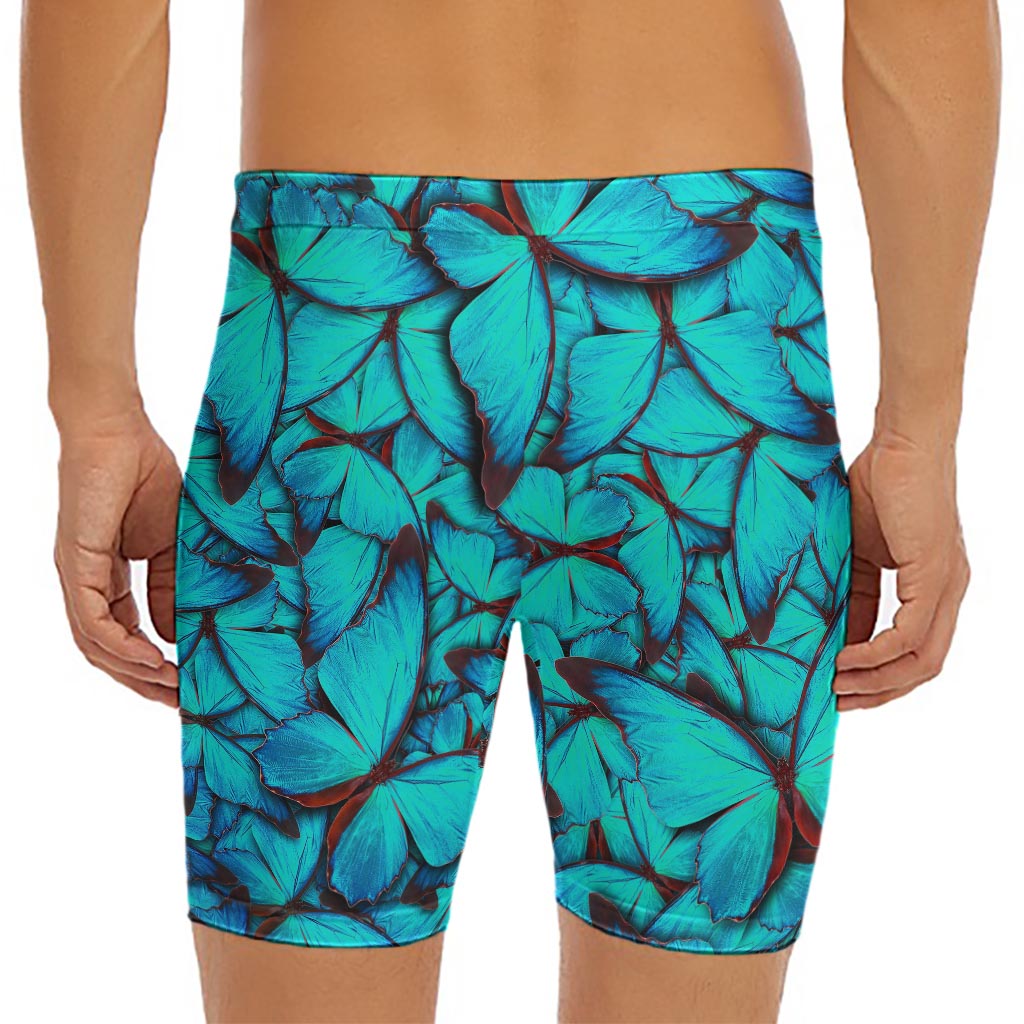 Turquoise Butterfly Pattern Print Men's Long Boxer Briefs