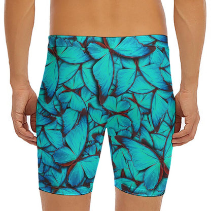 Turquoise Butterfly Pattern Print Men's Long Boxer Briefs