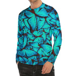 Turquoise Butterfly Pattern Print Men's Long Sleeve Rash Guard