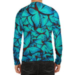 Turquoise Butterfly Pattern Print Men's Long Sleeve Rash Guard