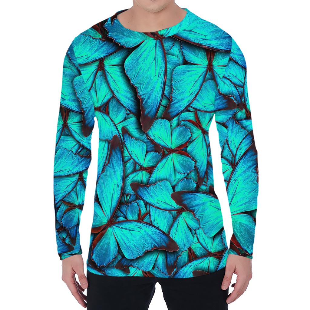 Turquoise Butterfly Pattern Print Men's Long Sleeve T-Shirt