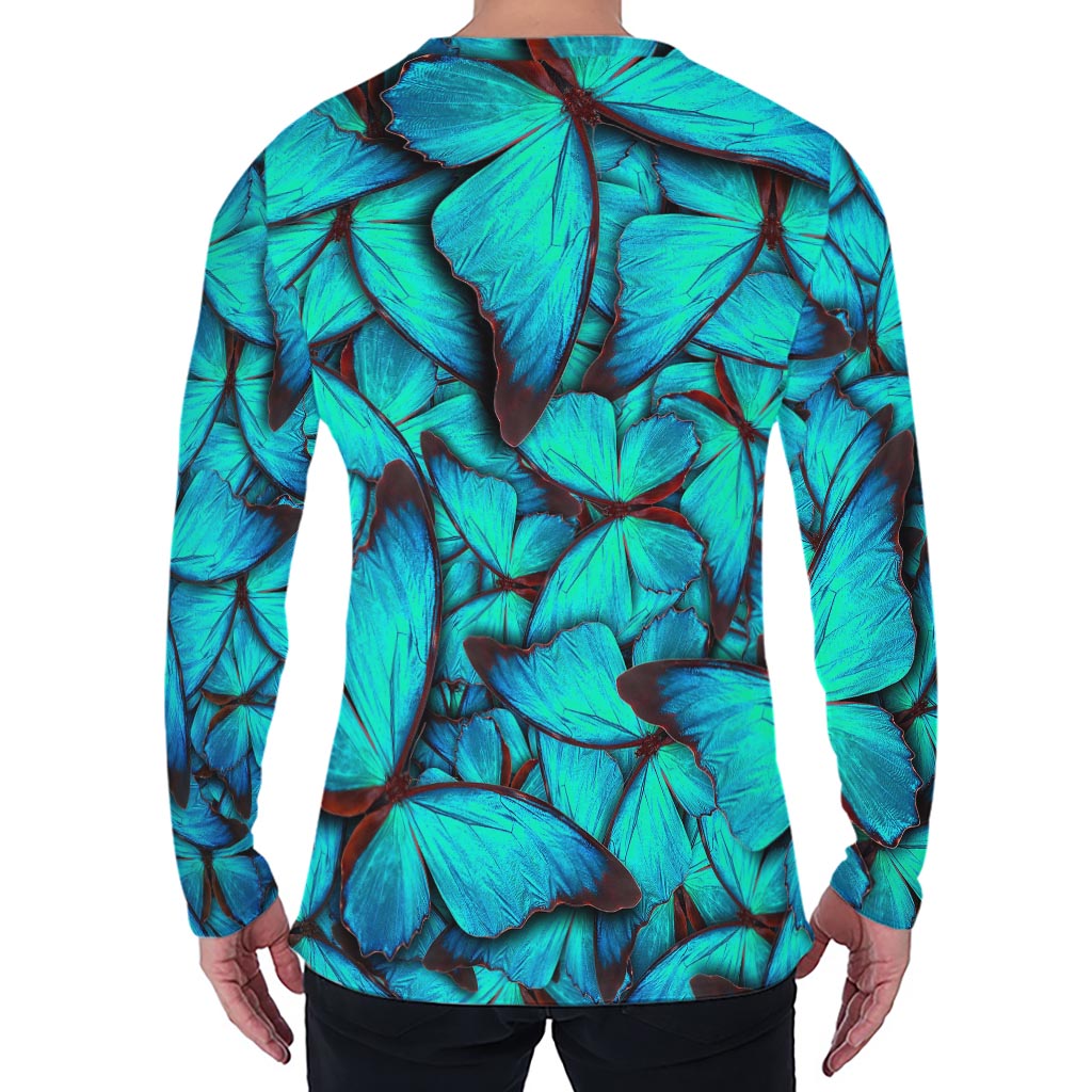 Turquoise Butterfly Pattern Print Men's Long Sleeve T-Shirt