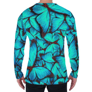 Turquoise Butterfly Pattern Print Men's Long Sleeve T-Shirt