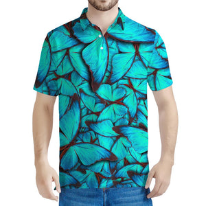 Turquoise Butterfly Pattern Print Men's Polo Shirt