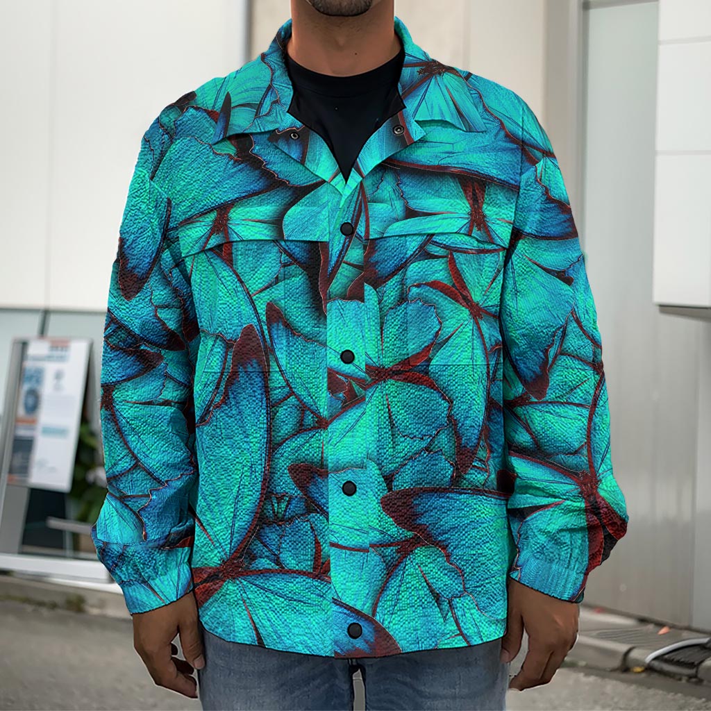 Turquoise Butterfly Pattern Print Men's Shirt Jacket